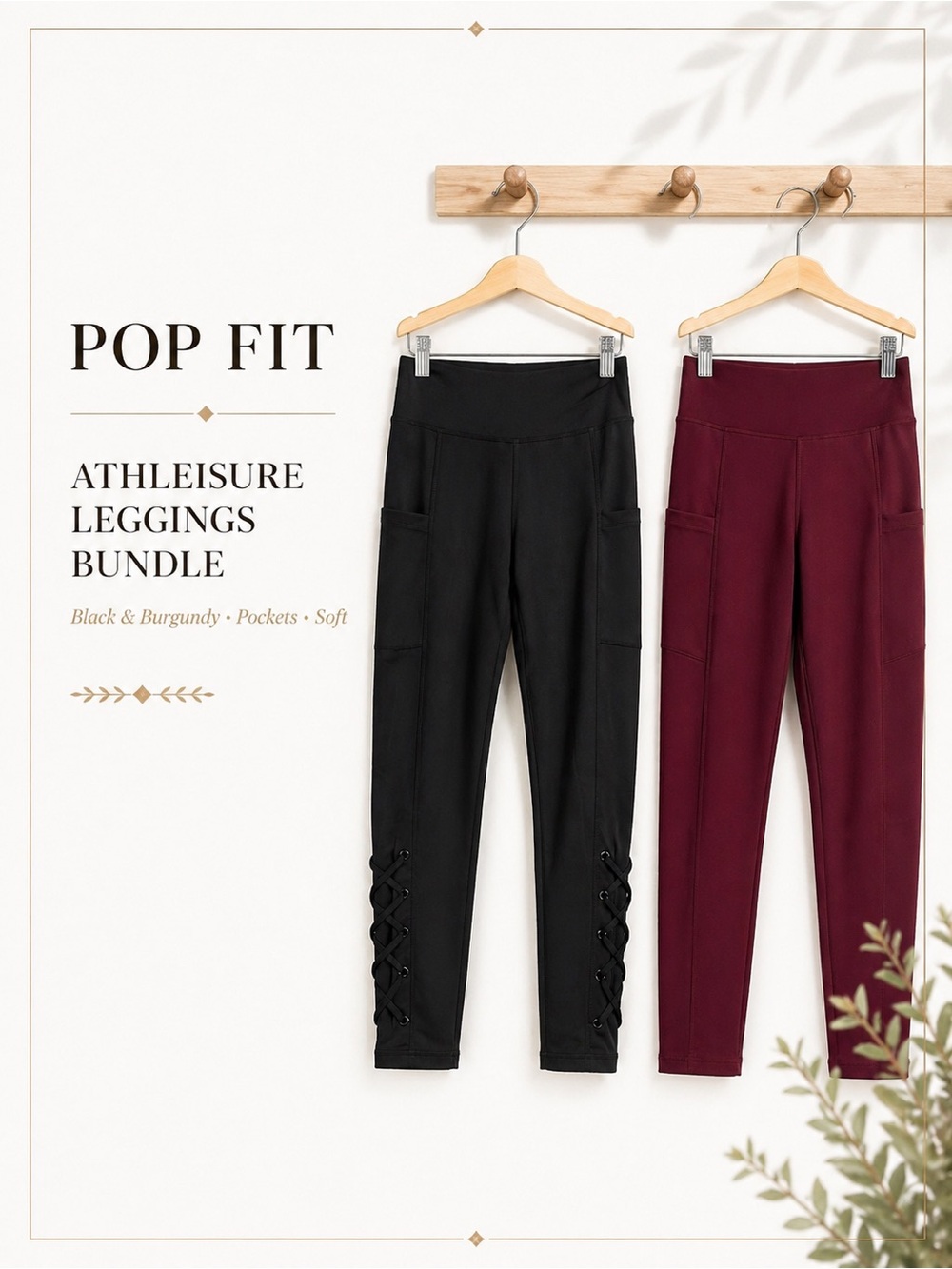 Pop Fit Black Burgundy Athleisure Pocket Lace Up Leggings Bundle Size M